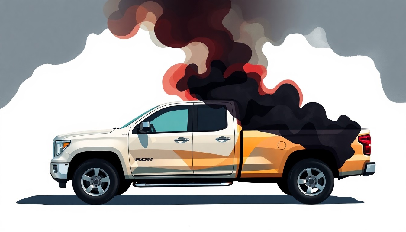 A fractured, abstract painting of a pickup truck repeatedly spewing overlapping, geometric waves of black, gray, and blue diesel exhaust, conveying the chaotic and polluting nature of the coal-rolling issue in Silver City.