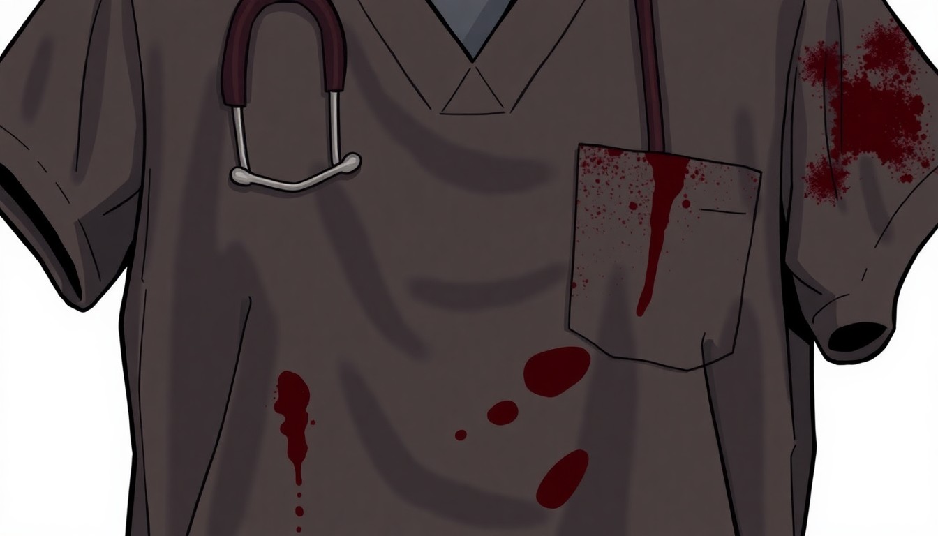 An extreme close-up photograph of a crumpled, stained medical scrub top, using dramatic studio lighting to create a high-contrast, abstract texture that conceptually represents the emotional burnout experienced by the characters on the show.