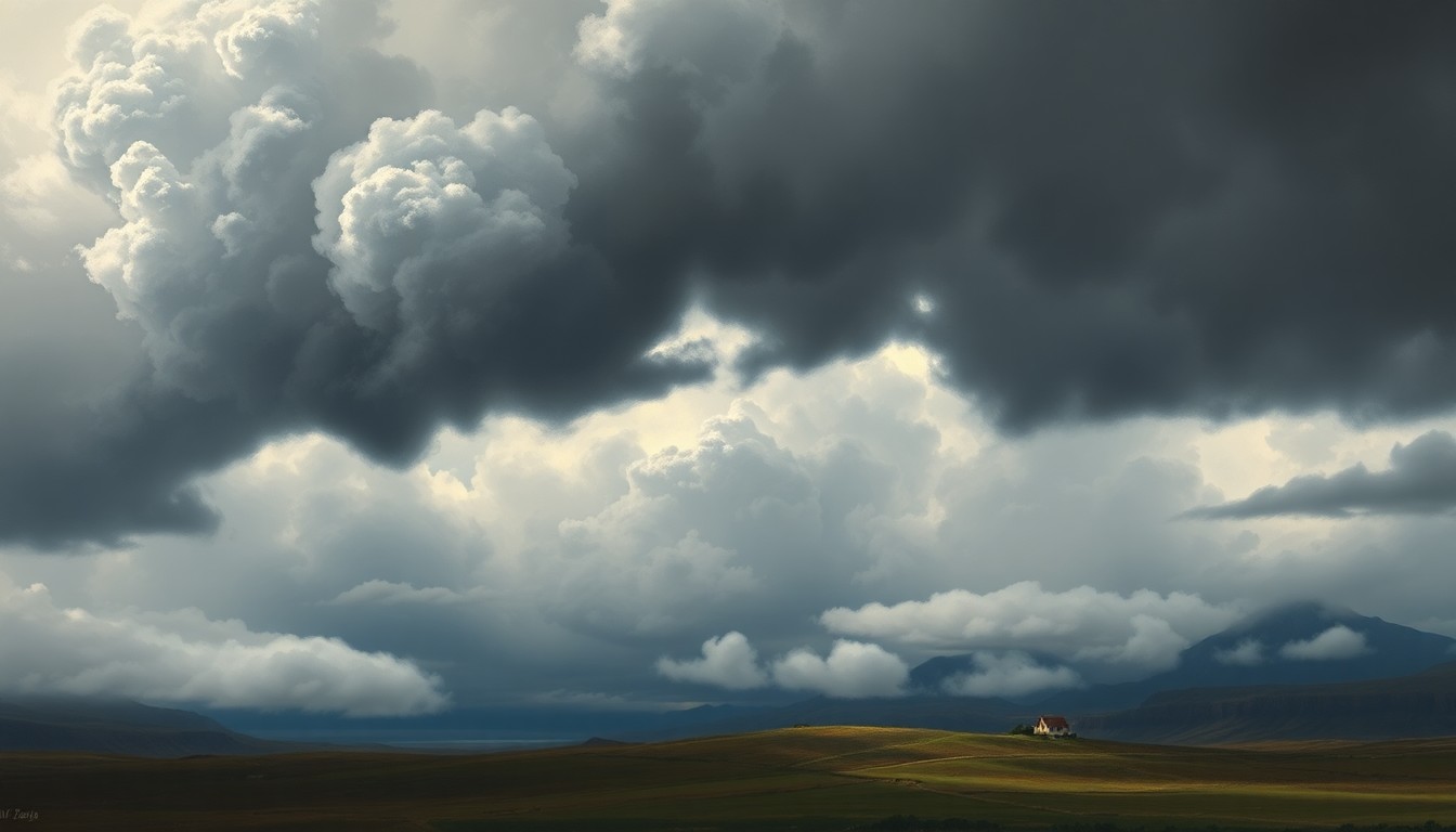 A sweeping, atmospheric landscape painting in muted tones of gray, blue, and green, with heavy clouds obscuring the horizon and a small structure barely visible in the foreground, conveying the sublime power of the natural disaster that impacted Hawaiʻi.