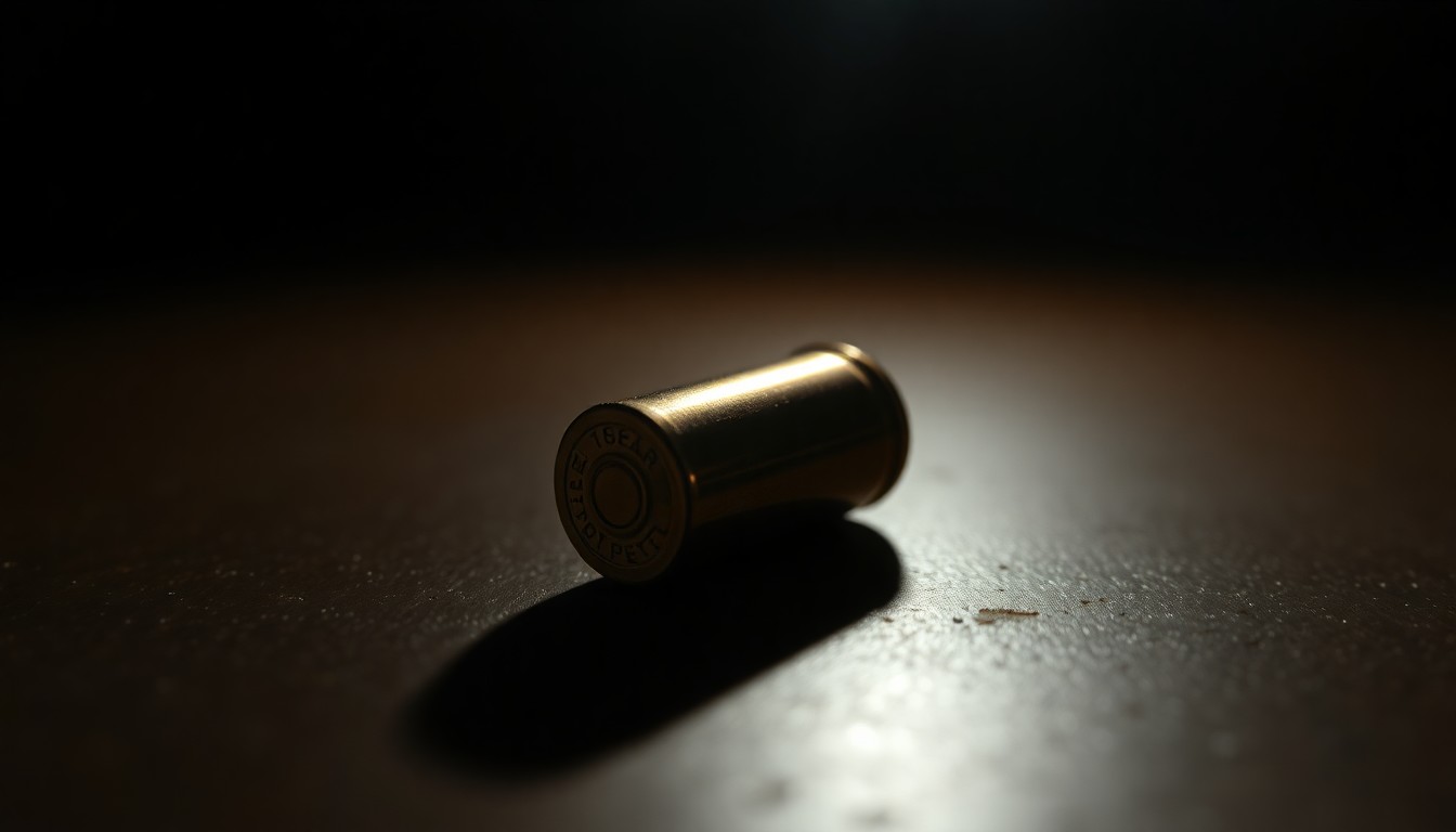 An extreme close-up of a single bullet casing on a dark surface, lit by a harsh camera flash, conceptually representing the violence and tragedy of this murder-suicide incident.