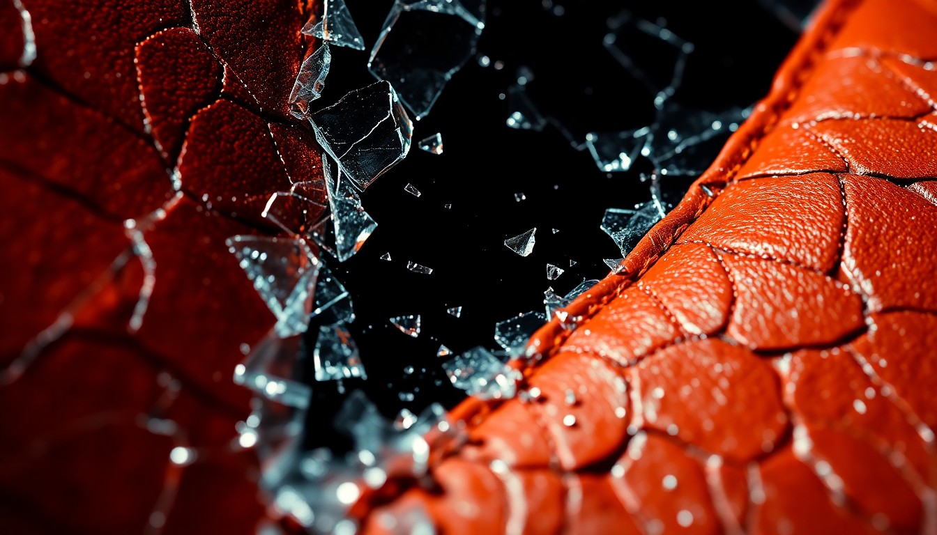 An abstract close-up image featuring shattered glass and cracked leather textures in dramatic, high-contrast lighting, conveying the glamour and high-stakes nature of the Hollywood blockbuster film industry.