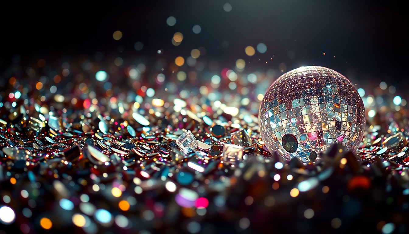 An extreme close-up photograph of shimmering sequins and shattered glass, capturing the glitz and excitement of a rock concert through dramatic studio lighting and abstract textures.