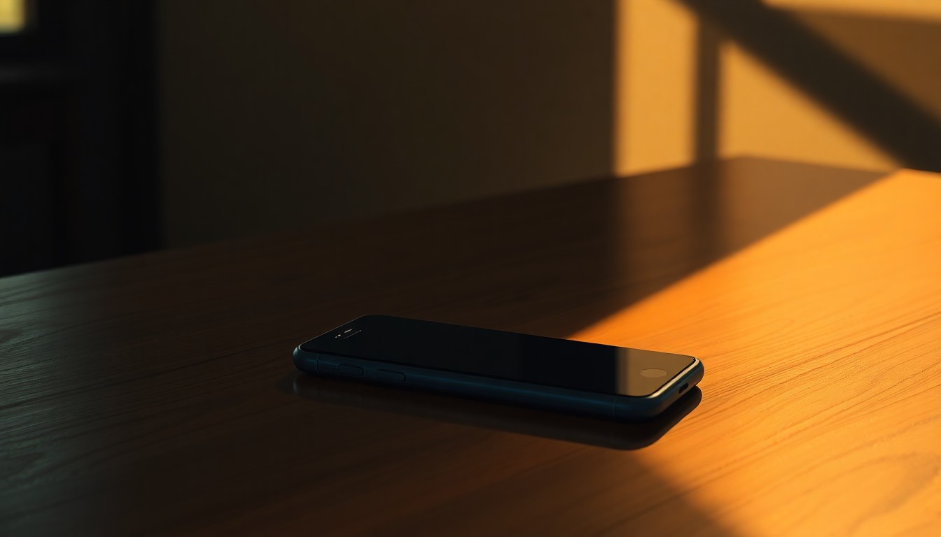 A serene, painterly image of a smartphone resting on a wooden table, with warm light and deep shadows creating a pensive, cinematic mood that evokes the complex issues surrounding social media regulation.