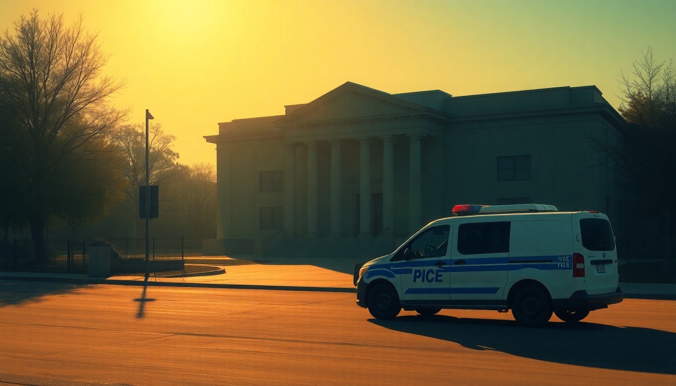 A photorealistic painting of a lone ICE vehicle parked outside a nondescript government building, the scene bathed in warm, golden sunlight and deep shadows, conveying a sense of quiet melancholy and unease.