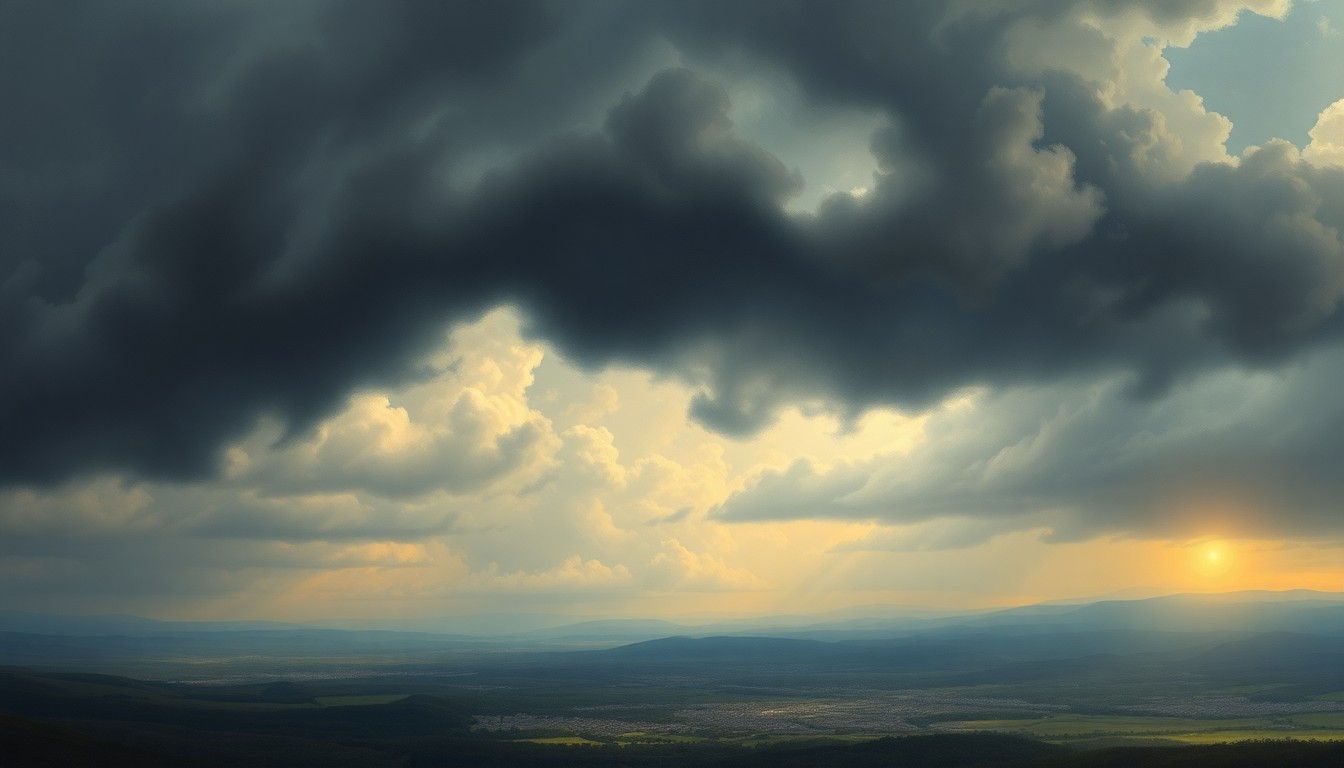 A sweeping, atmospheric landscape painting depicting a small city skyline in the distance, dwarfed by an ominous, swirling storm cloud filling the sky, conveying the overwhelming power of nature and the importance of emergency preparedness.