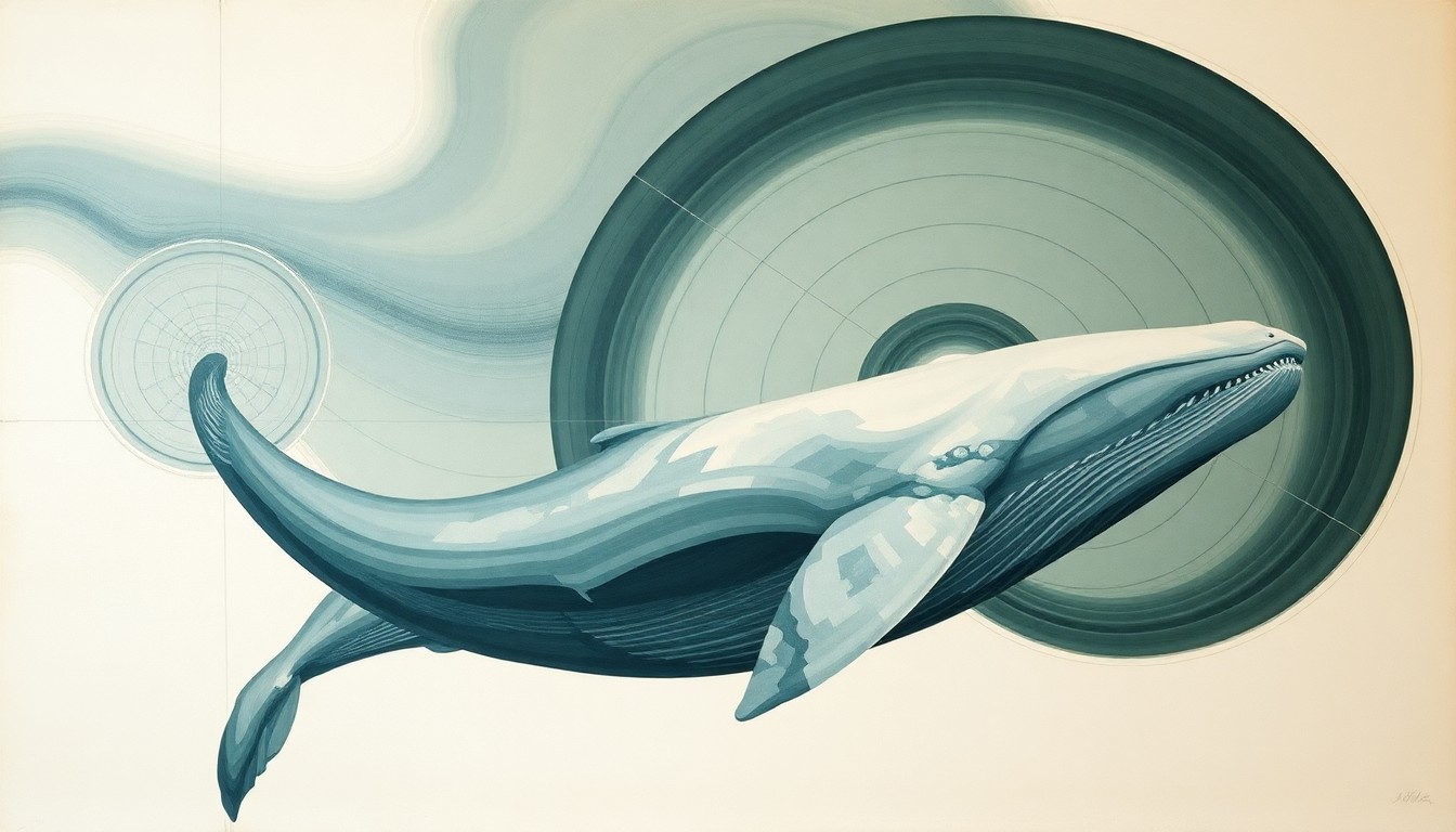 A highly textured, geometric abstract painting in muted shades of green, blue, and gray, depicting sweeping arcs and intersecting waveforms that conceptually represent the fragile migration patterns and environmental challenges faced by gray whales in the San Francisco Bay.