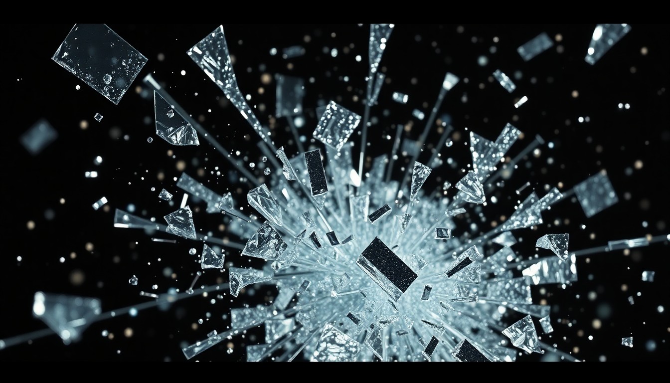 An extreme close-up of shattered glass and metal fragments, captured in dramatic high-contrast lighting to create a conceptual, abstract representation of the epic scale and explosive action of the 'Avengers: Doomsday' trailer.