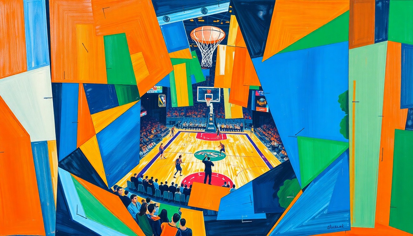 A fragmented, cubist-style painting depicting a Knicks basketball game, with the players and court broken down into sharp, overlapping geometric shapes in vibrant colors.