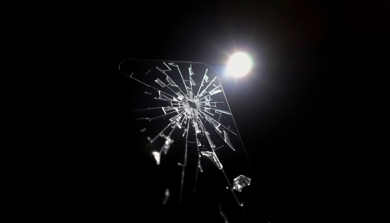 An extreme close-up photograph of a cracked and damaged cellphone screen, lit by a harsh, direct camera flash against a pitch-black background, conceptually representing the violence and tension of a family conflict involving law enforcement.