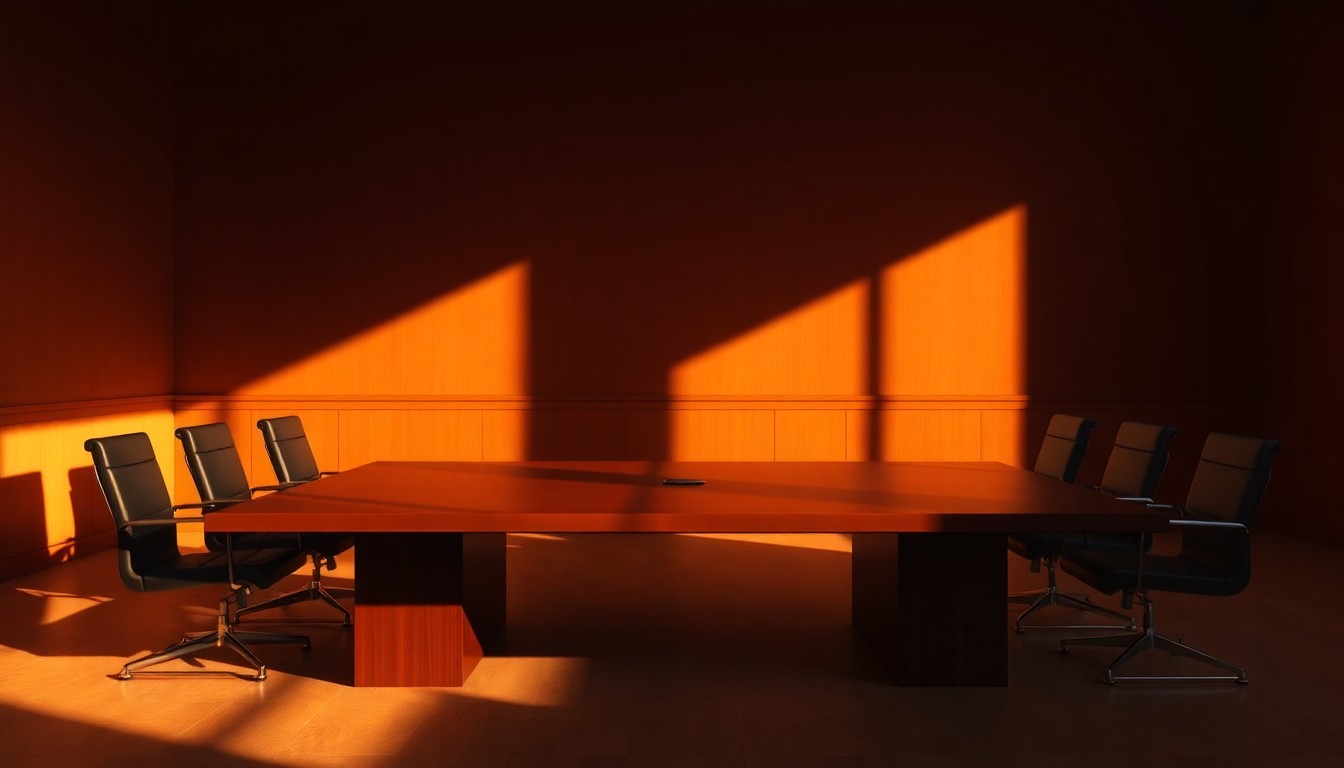 A serene, cinematic painting of an empty boardroom table in warm, golden light, conceptually representing the shifting market dynamics and uncertainty surrounding the Iran conflict.