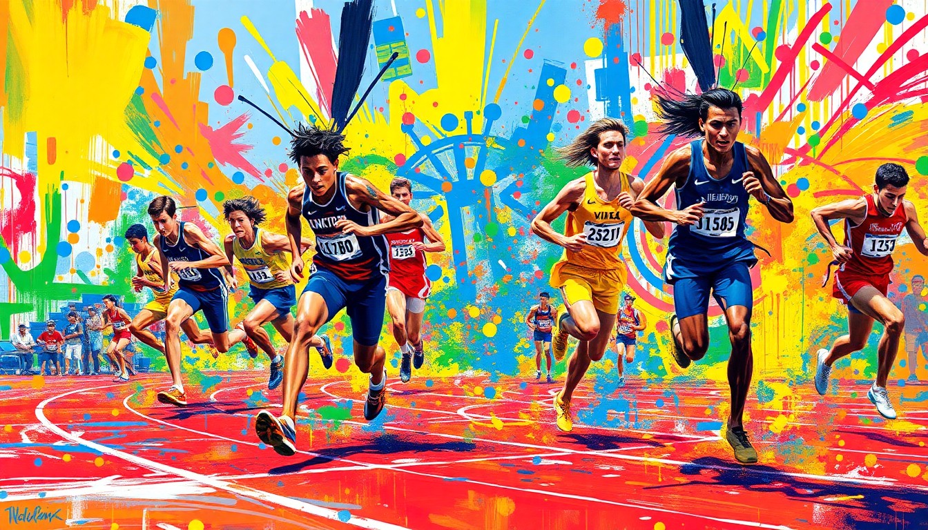 An abstract, expressionist painting in neon colors featuring dynamic, blurred figures engaged in various track and field events, conveying the raw athleticism and excitement of a high school competition.