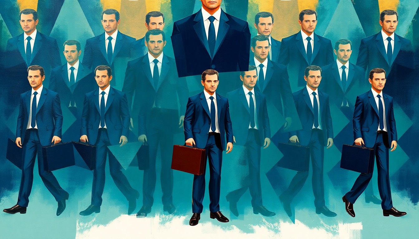 A vibrant, abstract painting composed of overlapping, geometric shapes in shades of navy, teal, and gold, representing a private investor in motion.