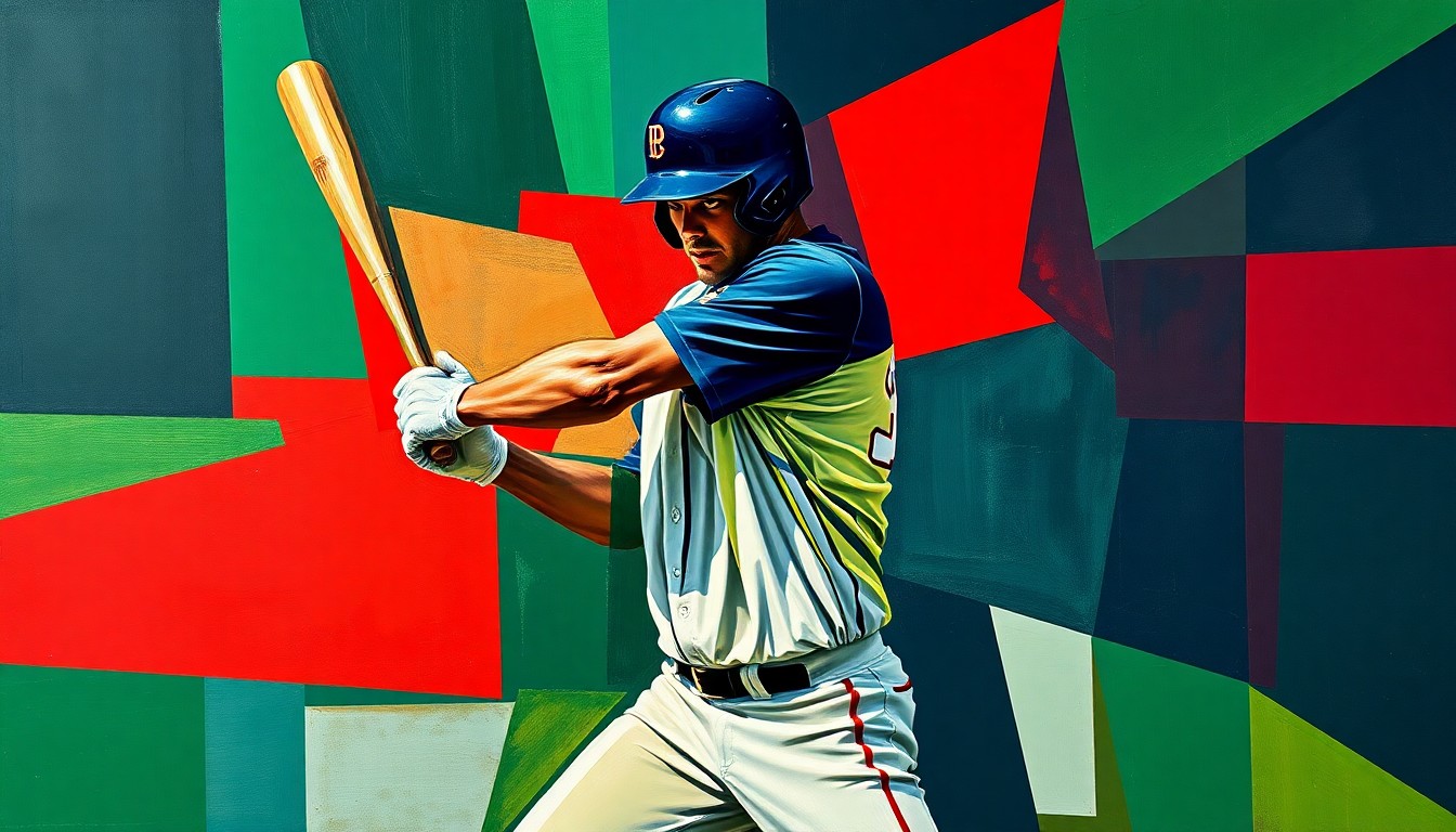 A cubist, geometric painting depicting a baseball player's batting stance and swing, broken down into sharp, overlapping planes of vibrant navy, green, and red colors, capturing the energy and movement of the sport.