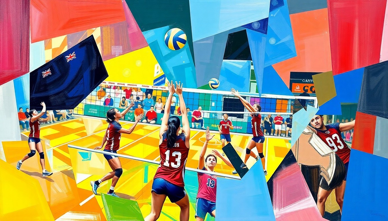 A cubist-style painting depicting a volleyball match broken down into sharp, overlapping geometric shapes and planes in the colors of Hawaii and CSUN's uniforms, conveying the intensity and energy of the competition.