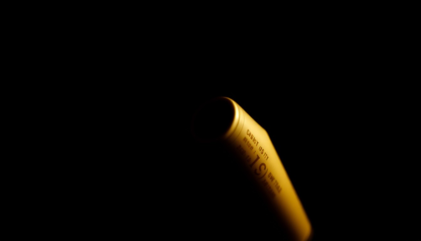 An extreme close-up of a shotgun shell casing, its metallic surface and grooves sharply illuminated by a harsh, direct flash of light against a pitch-black background, conceptually representing the critical physical evidence at the center of the Joshua Larkin investigation.