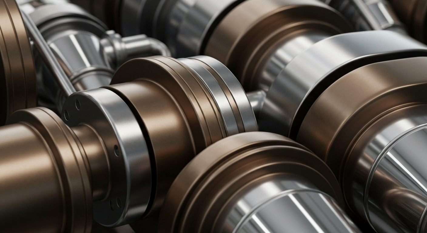 A highly detailed, macro-level view of gleaming, heavy industrial machinery and equipment, conveying a sense of Corning's secure financial infrastructure and manufacturing prowess.