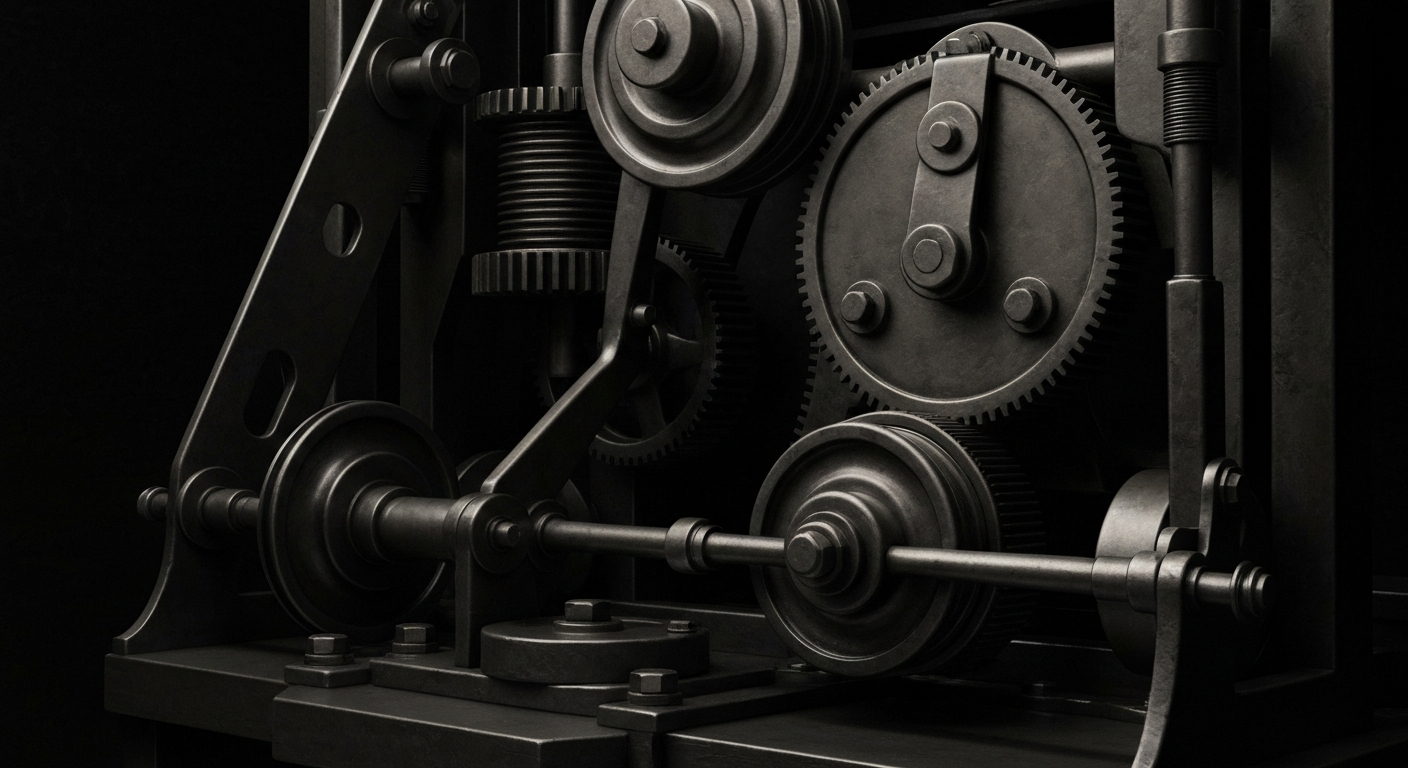 A highly detailed, black-and-white close-up photograph of the intricate machinery and mechanics that power the financial industry, conveying a sense of the hidden complexity and potential fragility underlying the company's operations.