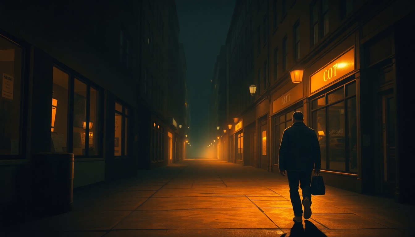 A moody, atmospheric painting of a solitary figure walking down a shadowy urban street, conveying a sense of isolation and vulnerability that reflects the challenges facing immigrant communities.