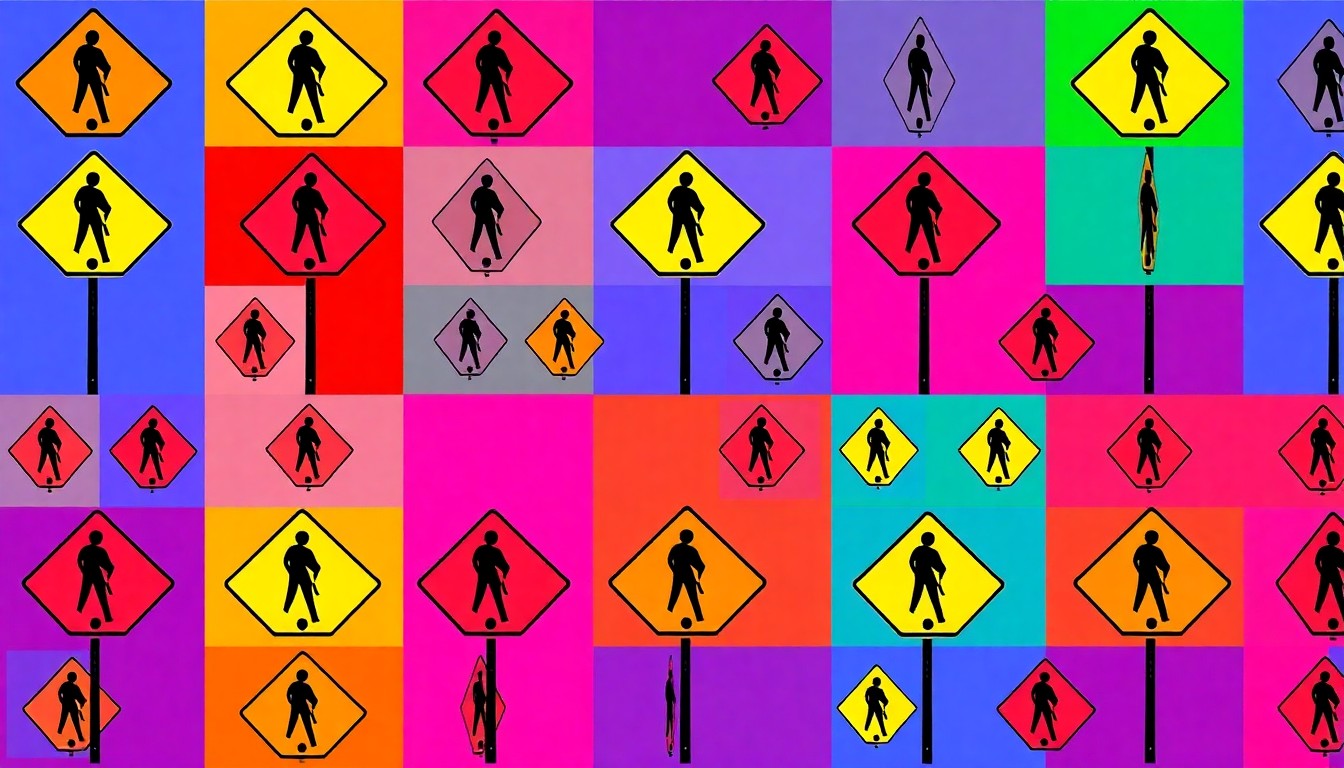 A brightly colored, high-contrast silkscreen print of a street crossing sign repeated in a tight grid pattern, conceptually representing the debate over a proposed road diet to improve pedestrian safety on East Main Street.