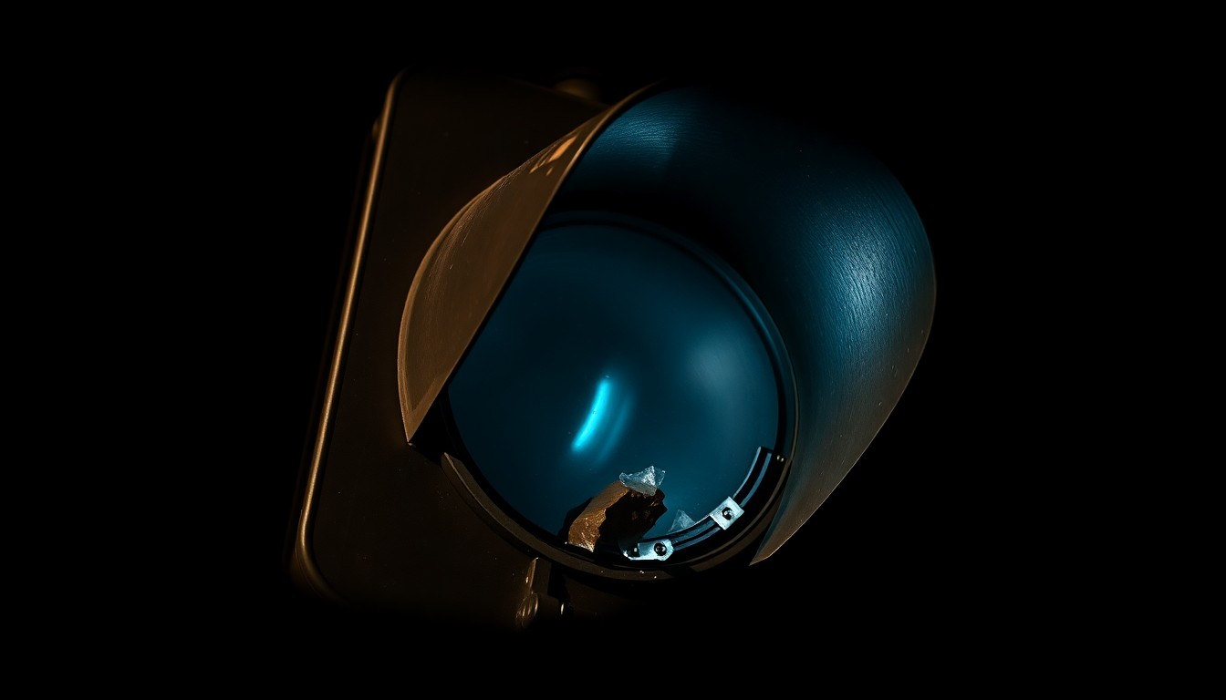 An extreme close-up photograph of a damaged traffic signal light, its lens cracked and reflecting a harsh, direct flash of light, conceptually illustrating the aftermath of a light rail collision.