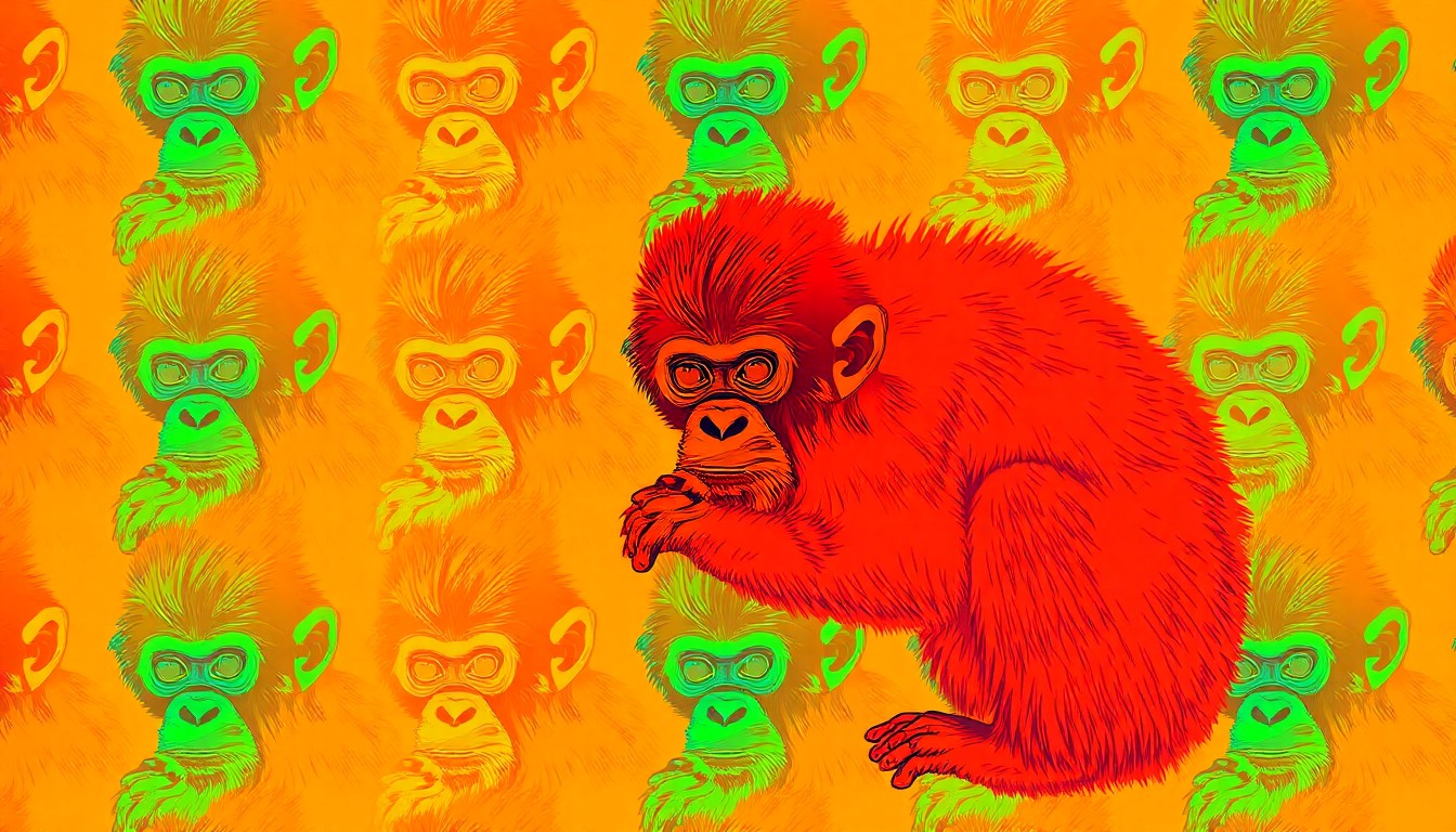 A brightly colored, high-contrast silkscreen print of a baby Sumatran orangutan repeated in a tight grid pattern, using vibrant neon colors and heavy black photographic outlines to turn the iconic zoo animal into modern pop art.