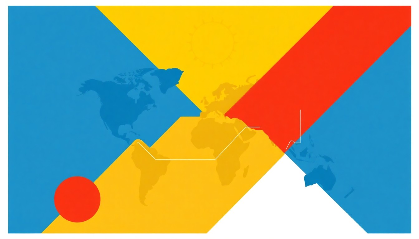 An abstract composition of overlapping triangles and circles in shades of blue, red, and yellow, conceptually representing the interconnected global energy markets.
