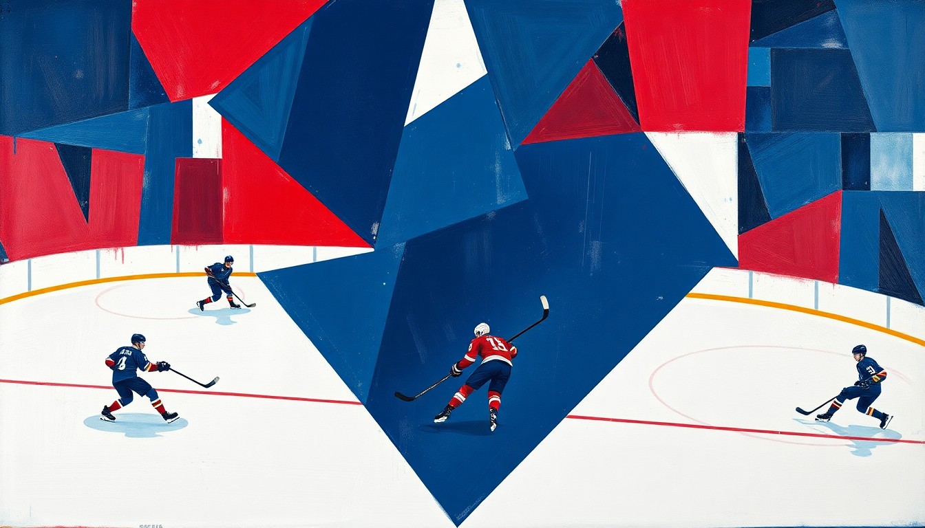 A cubist, geometric painting depicting a hockey game or match, with sharp, overlapping planes of navy blue, red, and white representing the dynamic action on the ice.