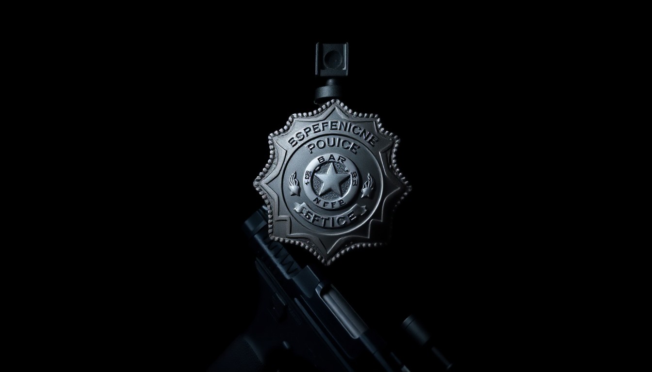An extreme close-up photograph of a law enforcement badge and service weapon, captured with dramatic lighting and a stark, gritty aesthetic to conceptually represent the abuse of power by a federal agent.