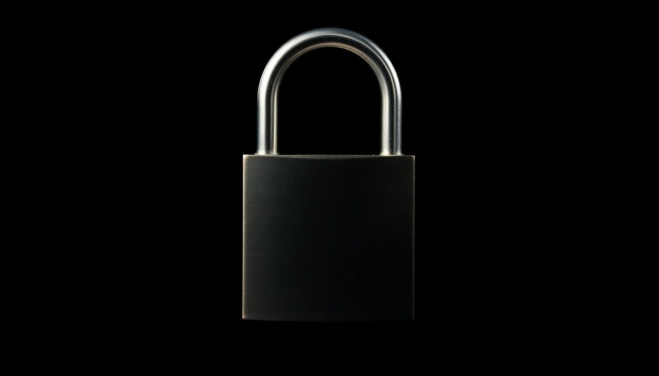 An extreme close-up photograph of a metal padlock against a pitch-black background, lit by a harsh, direct camera flash. The padlock conceptually represents the security vulnerabilities exposed by the bank robbery.