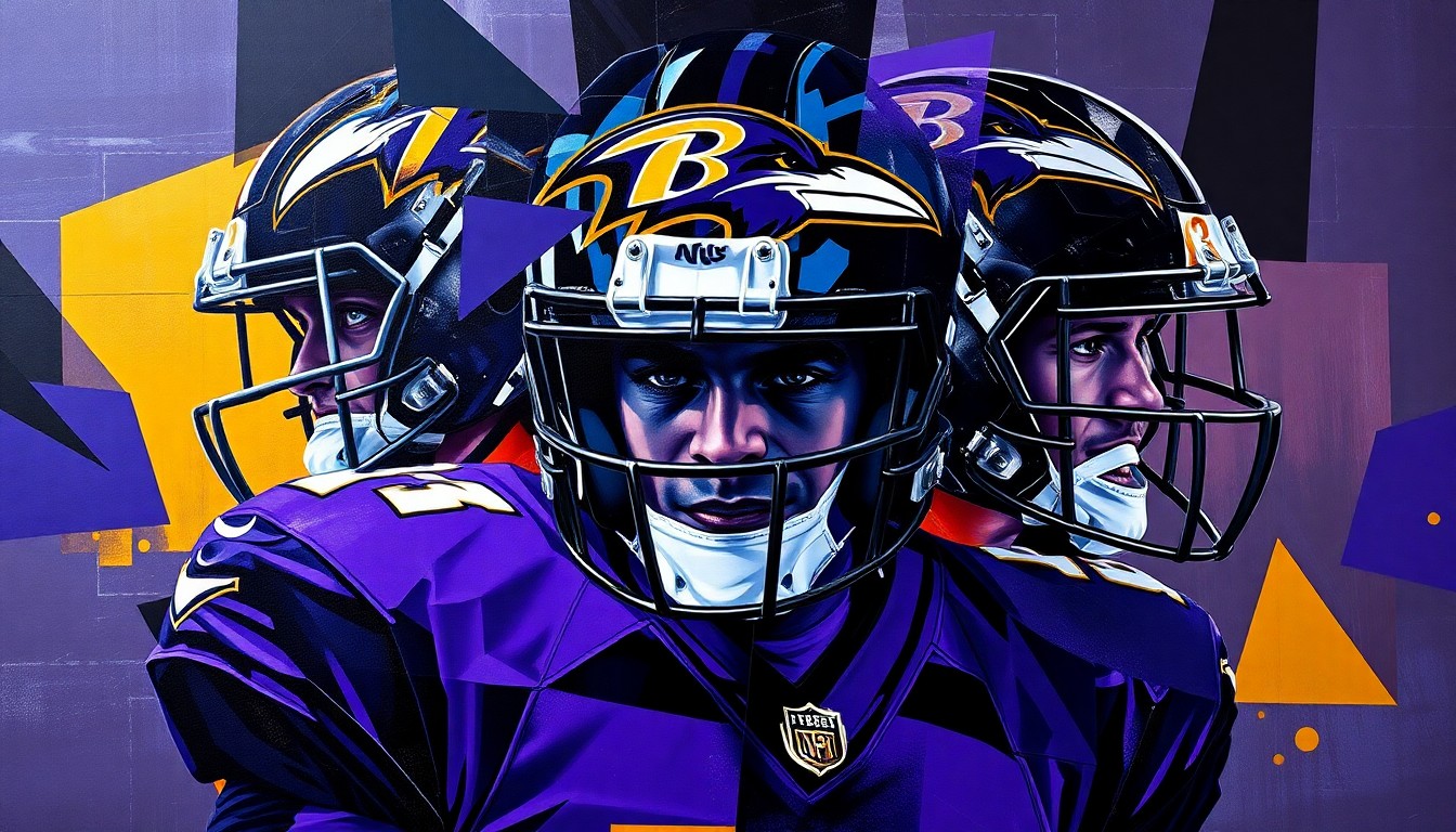 A cubist, geometric painting depicting fragmented elements of the new Ravens uniforms and helmets, including the color-shifting iridescent jersey material, talon-inspired pant stripes, and the two-toned raven logo on the matte black helmet.
