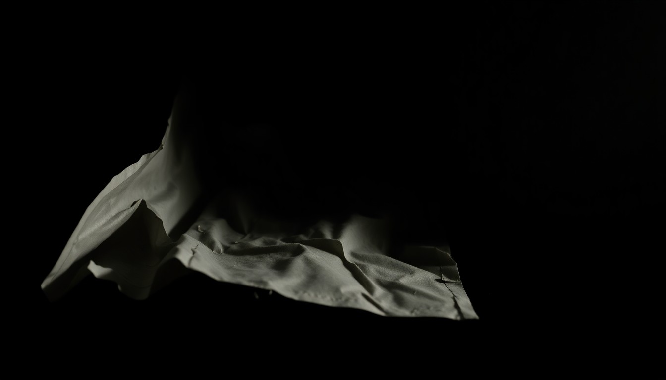 An extreme close-up photograph of a crumpled, discarded protest sign or other physical evidence related to the alleged assault, lit by a harsh, direct camera flash against a pitch-black background, creating a stark, gritty, investigative aesthetic.