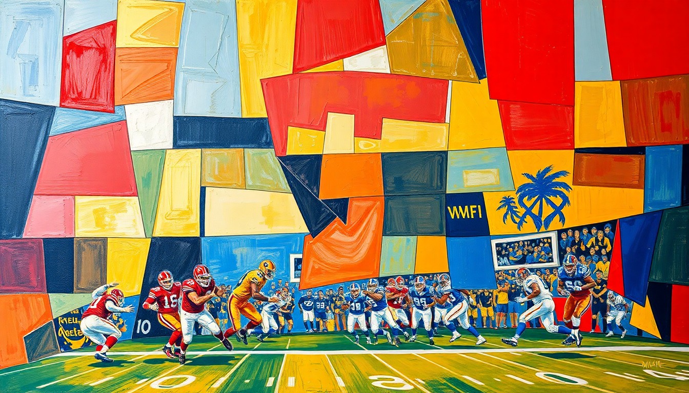 A fractured, geometric painting in vibrant colors depicting a football game, with sharp, overlapping planes representing the Cardinals' quarterback situation.