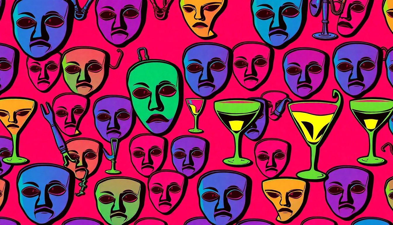 A brightly colored, high-contrast silkscreen print of an iconic Augusta lifestyle object such as a theater mask, a gardening tool, or a cocktail glass, repeated in a tight grid pattern, conceptually representing the diverse range of cultural experiences available in the city.