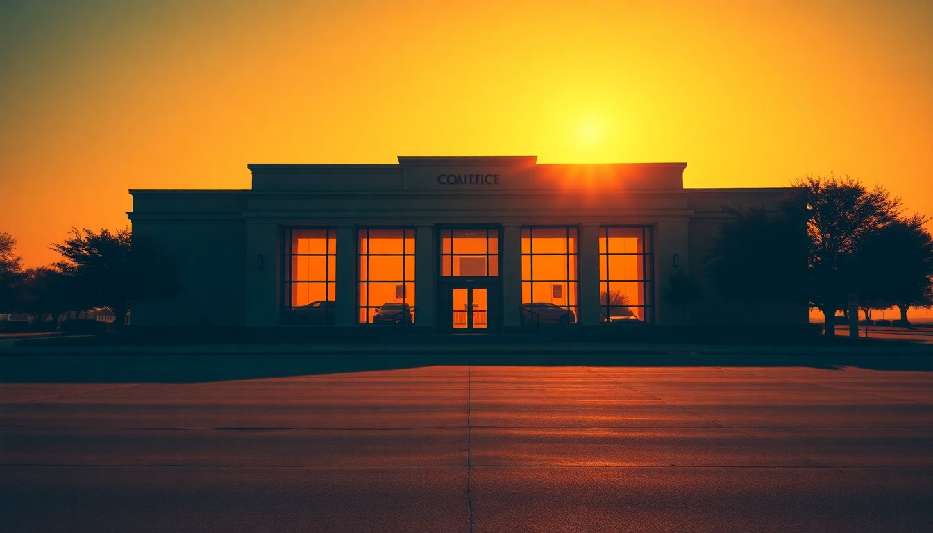 A solitary, empty government office building in warm, golden light and deep shadows, conveying a sense of contemplation and anticipation around an upcoming election.