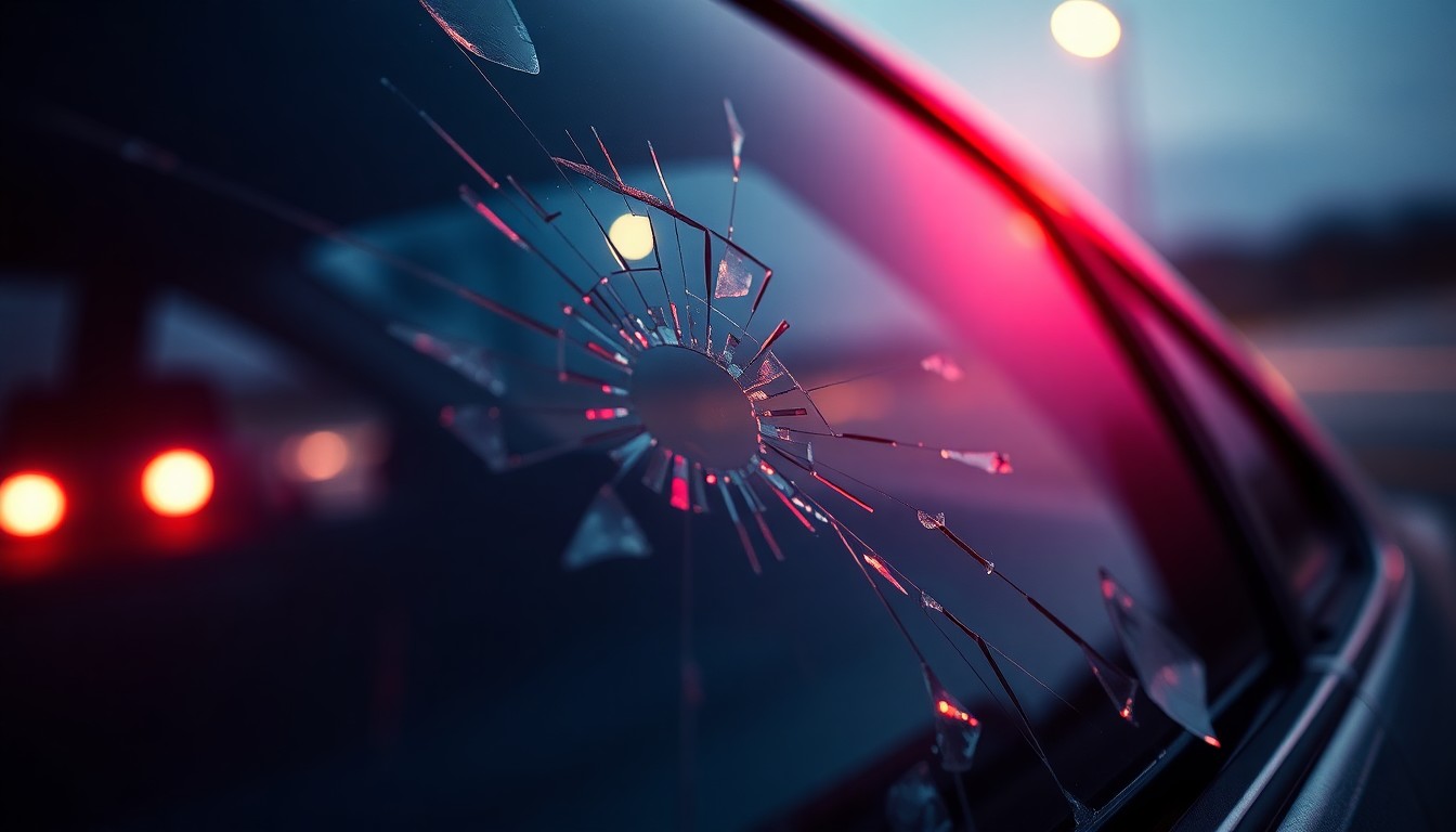 An extreme close-up photograph of a shattered car window reflecting a faint red light, conceptually illustrating the aftermath of a highway shooting incident.