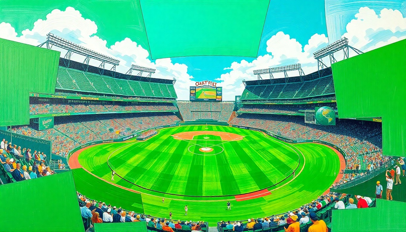 A fragmented, geometric painting depicting a golf game at a baseball stadium, with sharp planes of green, blue, and white representing the field, stands, and golfers.