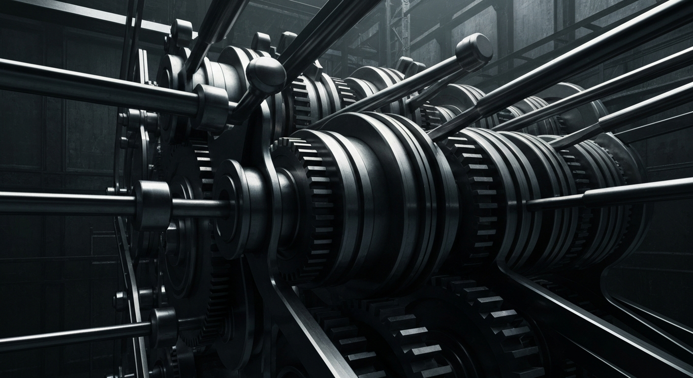 An extreme close-up of a complex financial mechanism, such as gears, levers, or circuits, in a dark, industrial setting. The machinery fills the frame, conveying a sense of power, security, and the inner workings of the financial system.