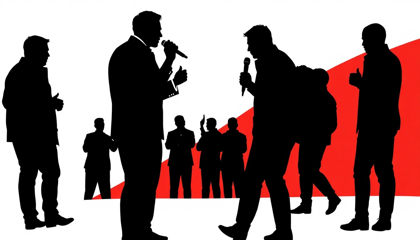 A striking abstract illustration featuring bold black silhouettes and vibrant red and white shapes, conveying the motivational spirit of Mel Robbins' upcoming speaking tour.