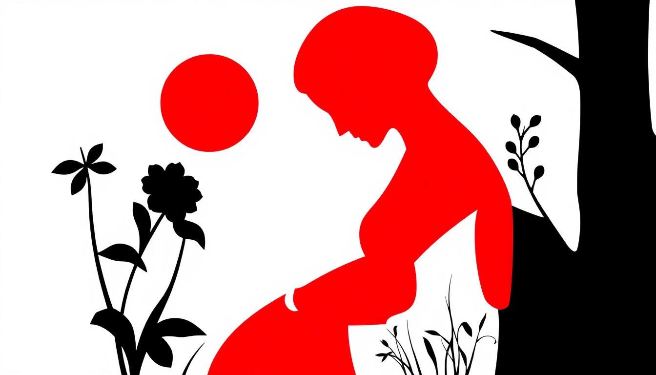 A striking abstract composition of jagged geometric shapes and bold silhouettes in high-contrast red and white, conceptually representing the themes of motherhood, medical challenges, and the healing power of nature.