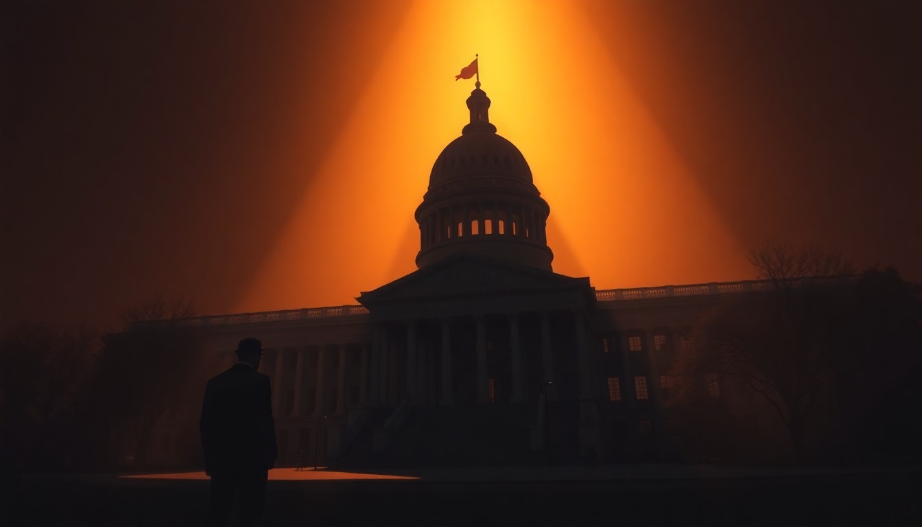 A dimly lit, cinematic painting of a solitary government building or political figure, bathed in warm, diagonal sunlight and deep shadows, conceptually representing the moral dilemmas at the heart of this political story.