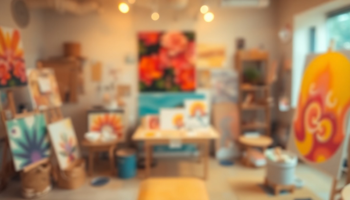 An abstract, impressionistic scene of blurred, colorful brushstrokes and shapes, suggesting the energy and creativity of an art studio.