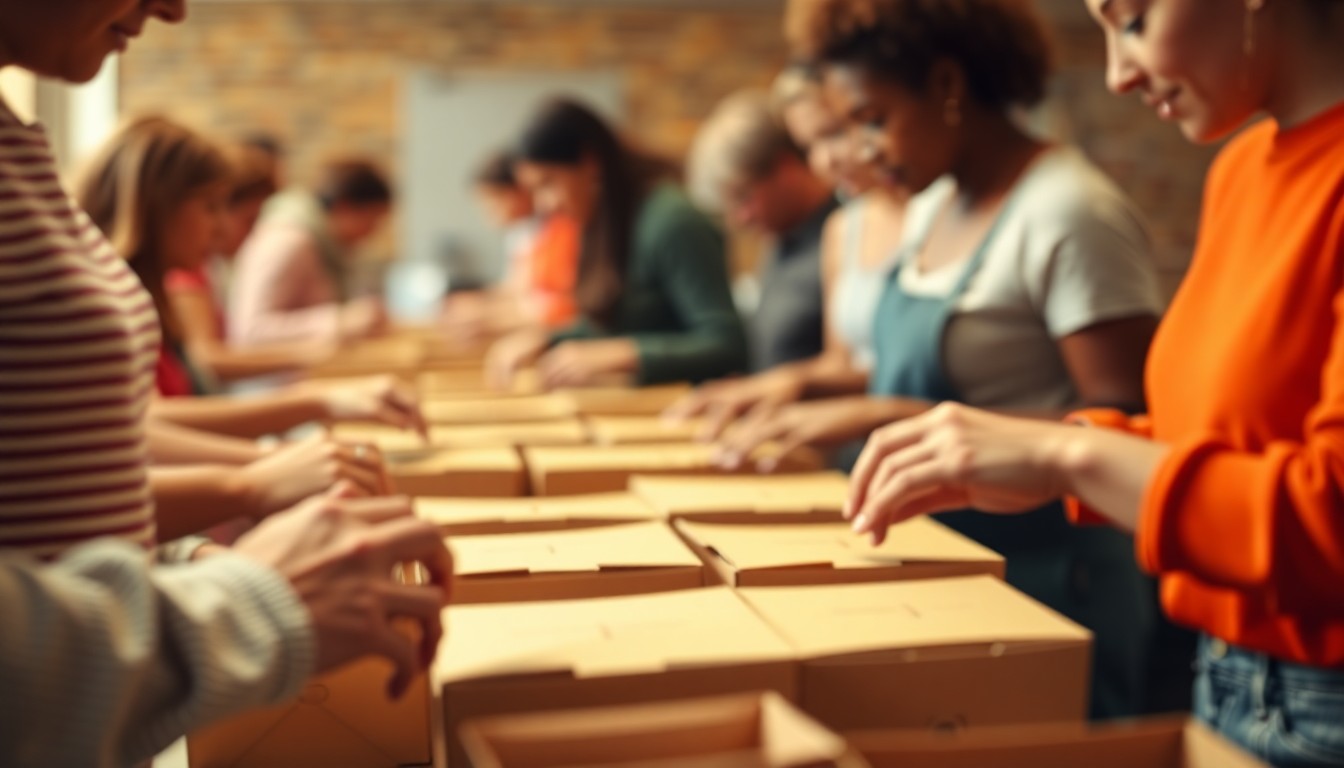 An abstract, out-of-focus photograph in warm tones depicting a group of people assembling boxed lunches, conveying a sense of community and purpose through blurred hands and movement.