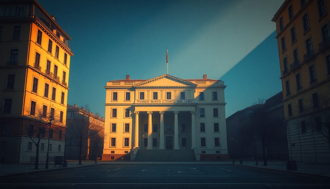 A quiet, cinematic painting of an empty government building in a European city, with warm sunlight and deep shadows creating a contemplative, nostalgic mood.