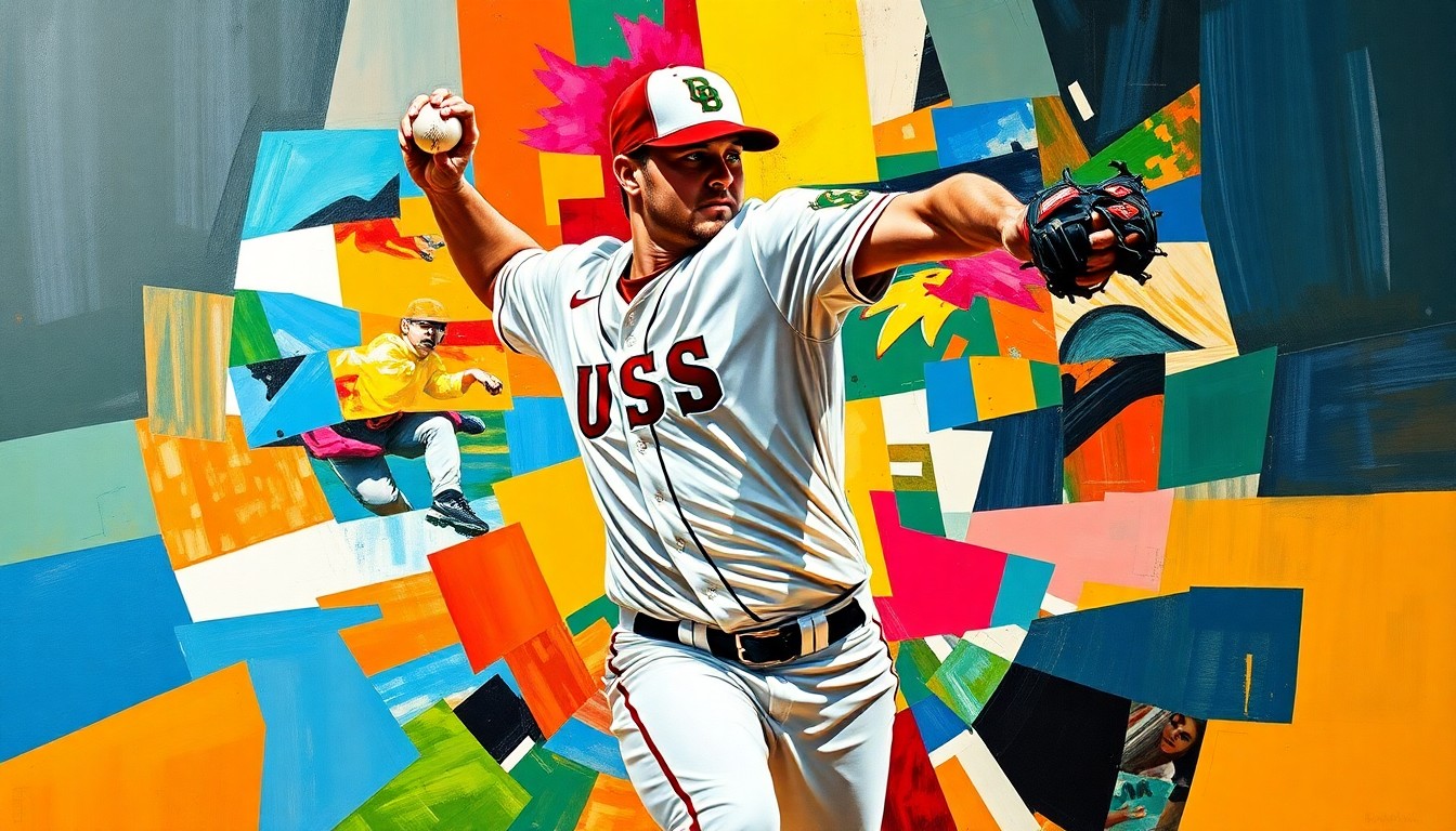 A fragmented, geometric painting depicting a baseball pitcher's motion, with sharp planes of color representing the players' uniforms and the dynamic action of the game.