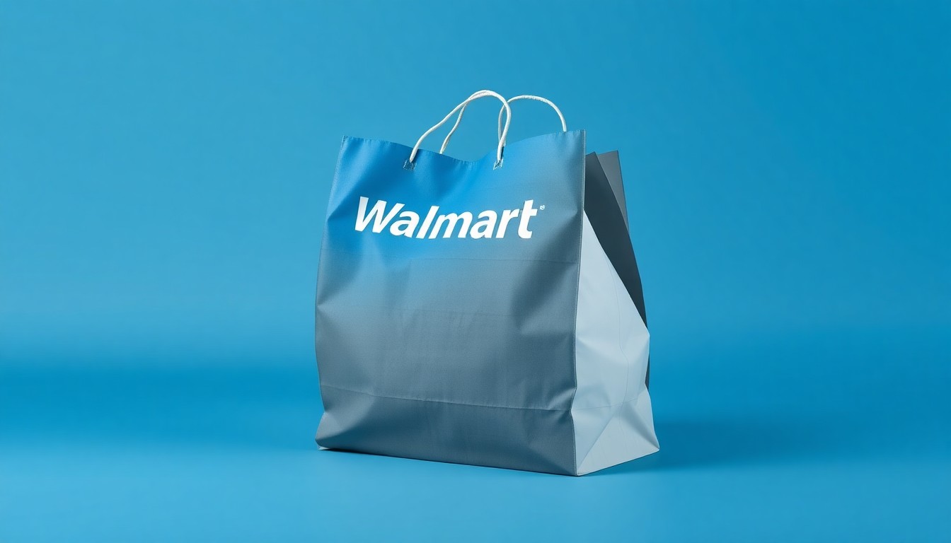 A high-end, photorealistic studio still-life photograph featuring a stack of neatly folded Walmart shopping bags in shades of blue, gray, and white, arranged elegantly on a clean, monochromatic background with dramatic lighting and shadows, conceptually representing retail strategy and operations.