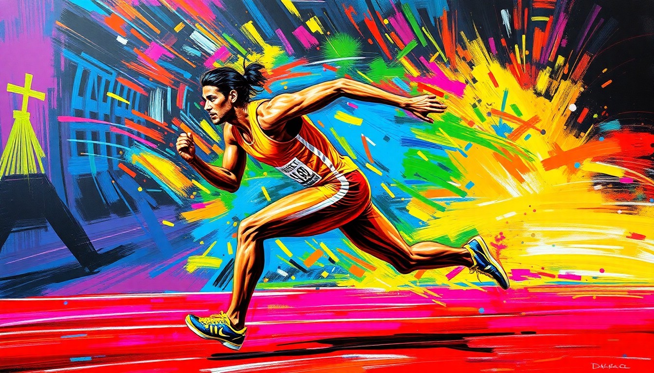 An abstract, energetic painting in neon colors and bold brushstrokes, representing the dynamic movement and potential of a track and field athlete.