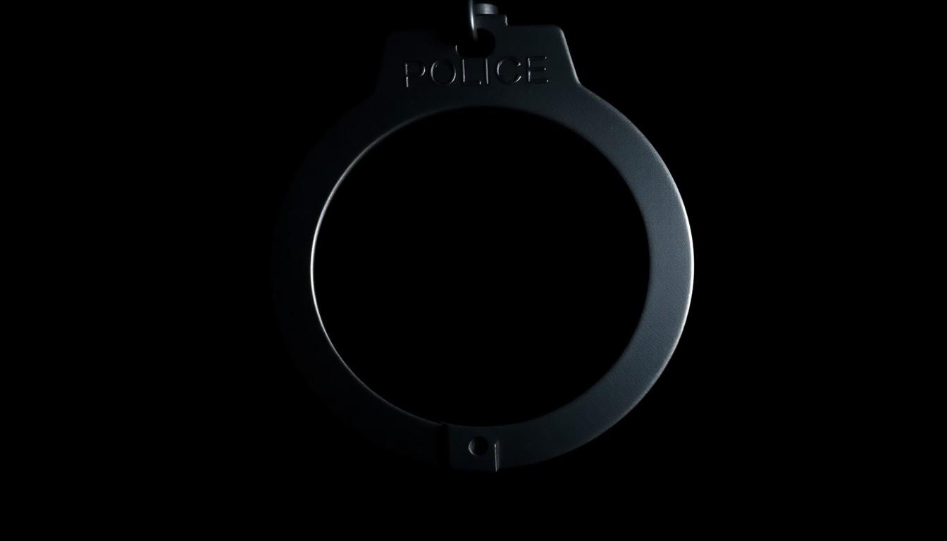 An extreme close-up photograph of a police badge or handcuff against a pitch-black background, lit by a harsh, direct camera flash, conceptually illustrating the serious and investigative nature of an officer-involved shooting incident.