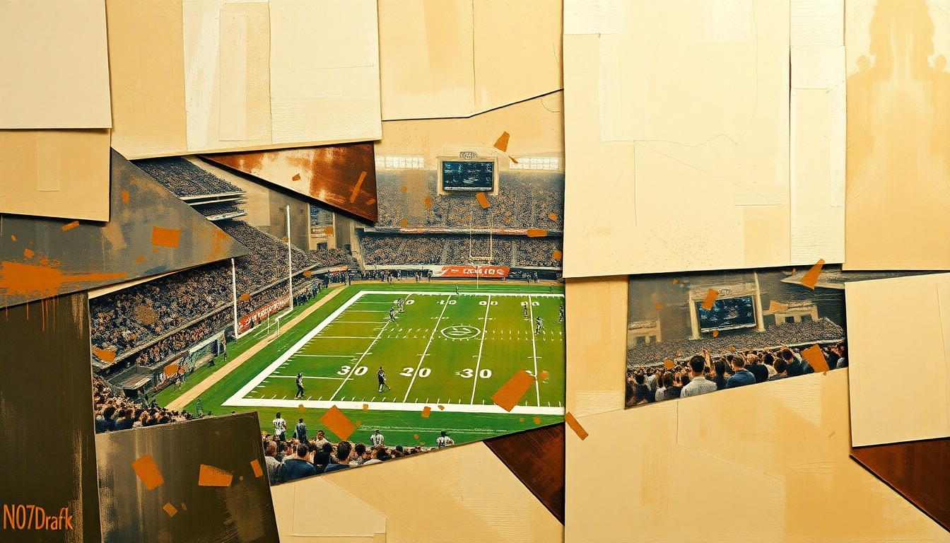 A fragmented, cubist-style painting depicting football players, coaches, and draft prospects in an abstract, geometric composition, conveying the complex challenges of rebuilding an NFL team.