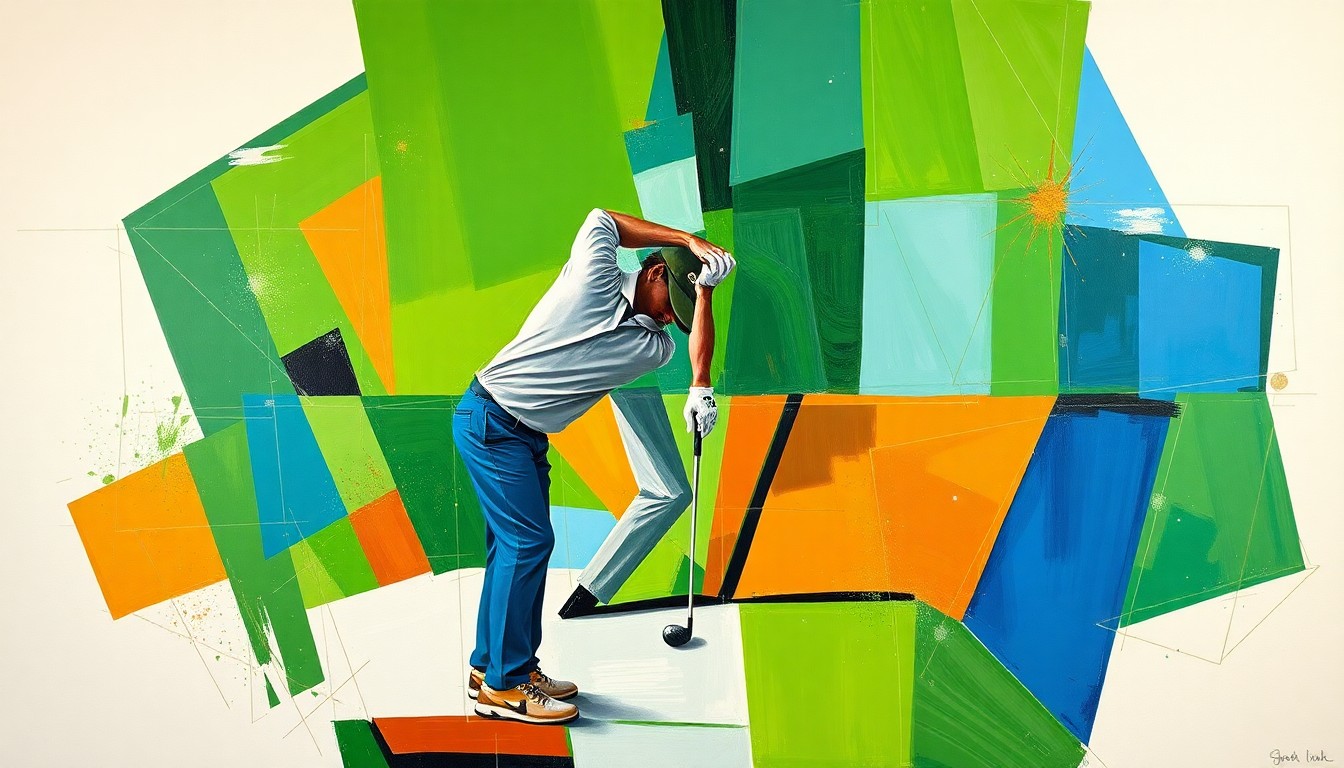 A fractured, multi-perspective painting in a cubist style, breaking down a golfer's swing motion into sharp, overlapping geometric planes in vibrant greens, blues, and browns.