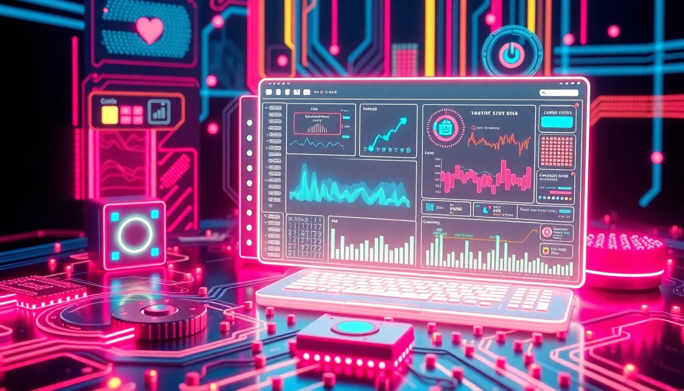 A highly detailed, glowing 3D illustration of various Canva AI-powered design and workflow tools, including circuit boards, processors, and data visualizations illuminated by neon cyan and magenta lights, conceptually representing the advanced technological capabilities of the platform.
